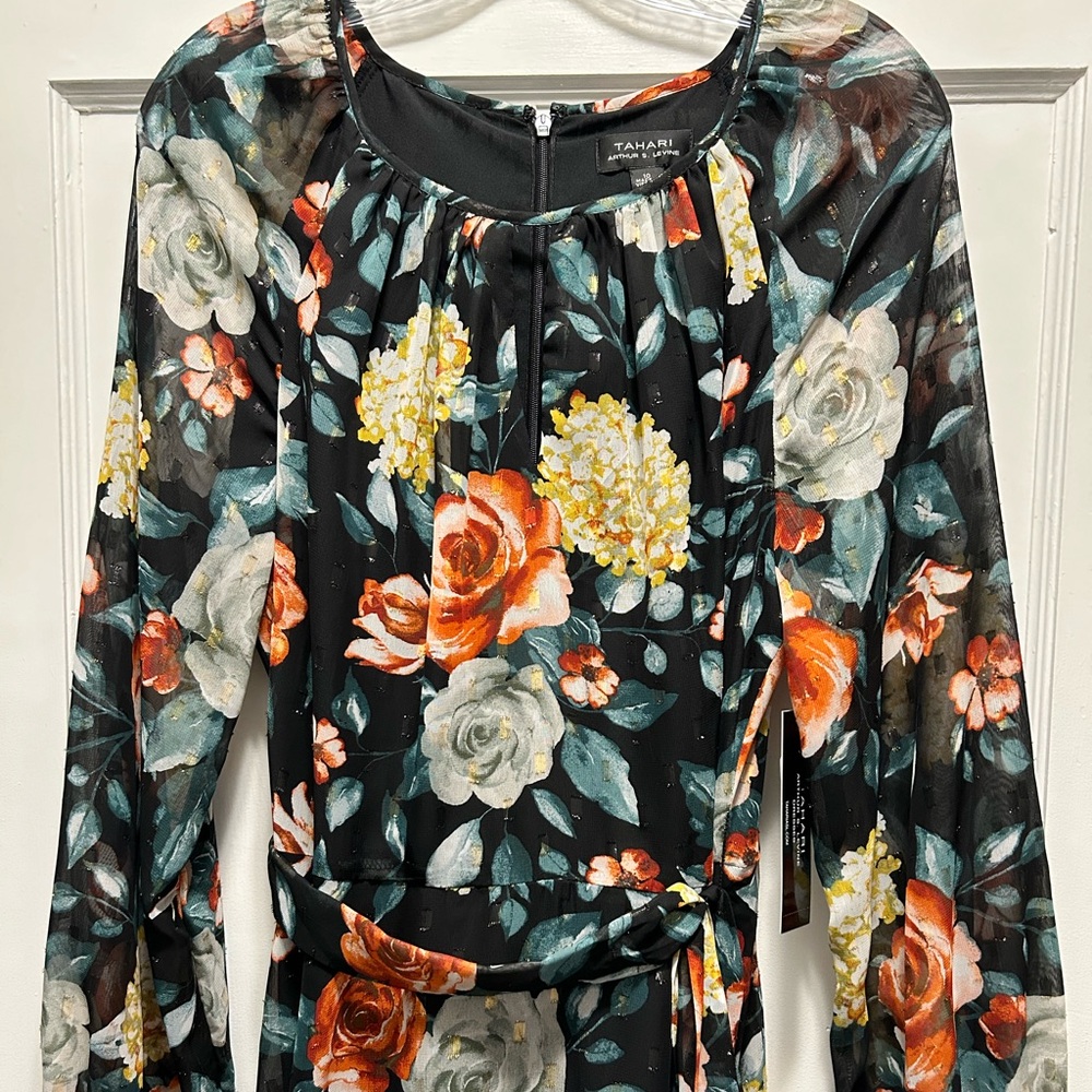 Tahari Sheer Sleeve Floral Midi Dress NWT